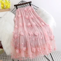 summer women midi skirt gauze embroidery flower lady sweet knee length mesh skirts 2020 female casual streetwear bottoms