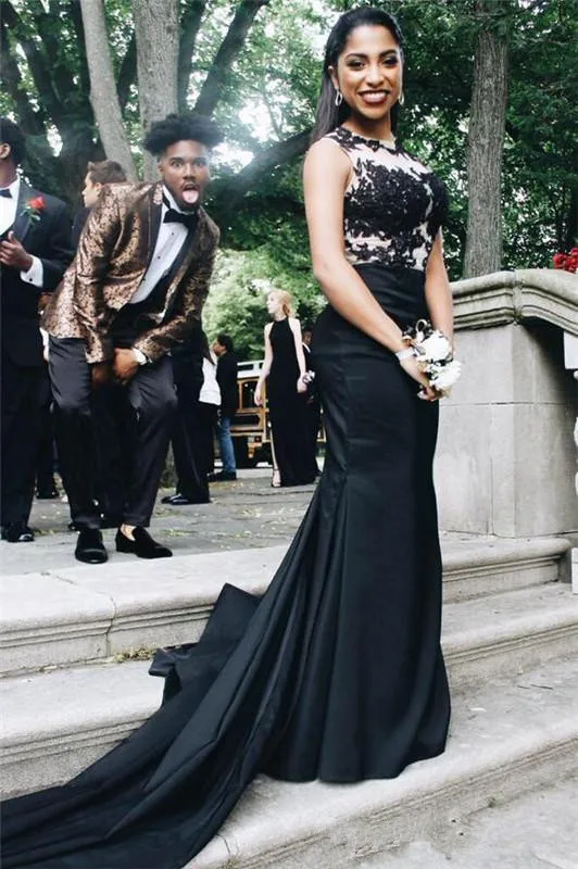 

Black Long Sweep Mermaid Evening Dresses 2020 O-Neck Lace Applique Vestidos De Festa Cheap Bride Party Gowns Prom Formal Dress