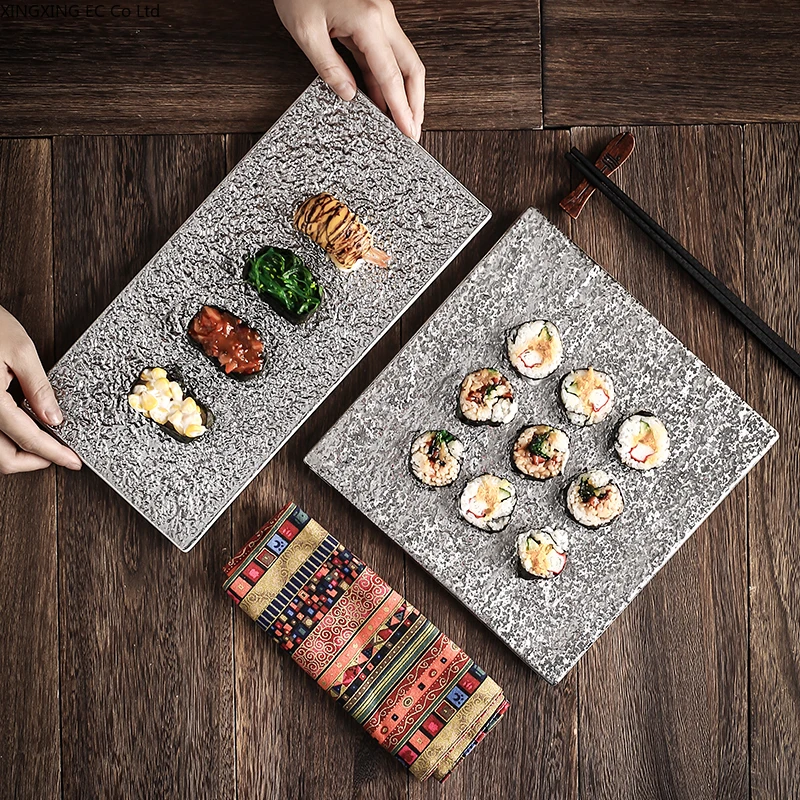 

Japanese Style Retro Ceramic Dinner Plate Creative Silver Stone Grain Flat Household Rectangular Sushi Plate Restaurant Supplies