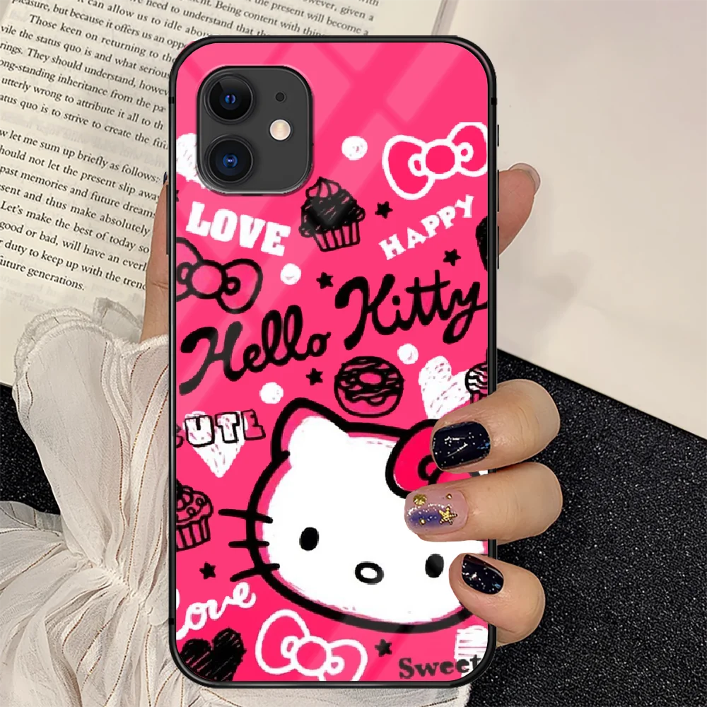 

Cat Kittys Cute Cartoon Phone Tempered Glass Case Cover For IPhone 6 6S 7 8 11 12 X Xr Xs Se 2020 Pro Max Plus Mini Silicone