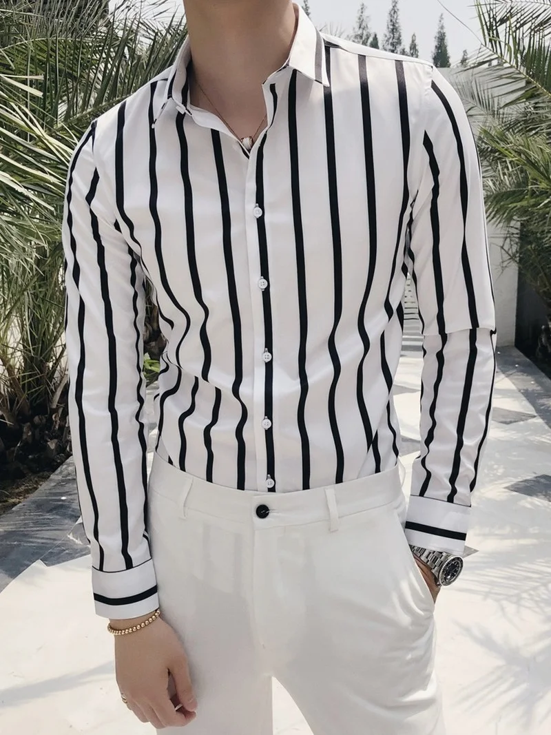 

Men's Korean Striped Shirt 2021 Spring Fashion Slim Business Long Sleeve Casual Shirt Men's High Quality Social Prom Dress Shirt