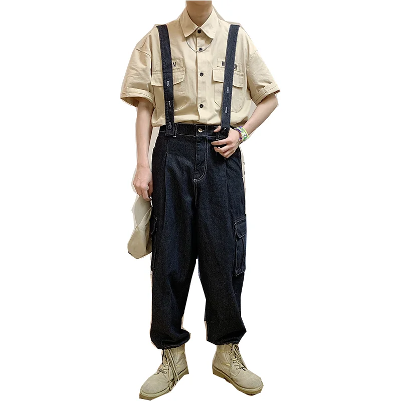 2020 new spring and summer loose military style straight overalls American suspenders jeans men and women trend