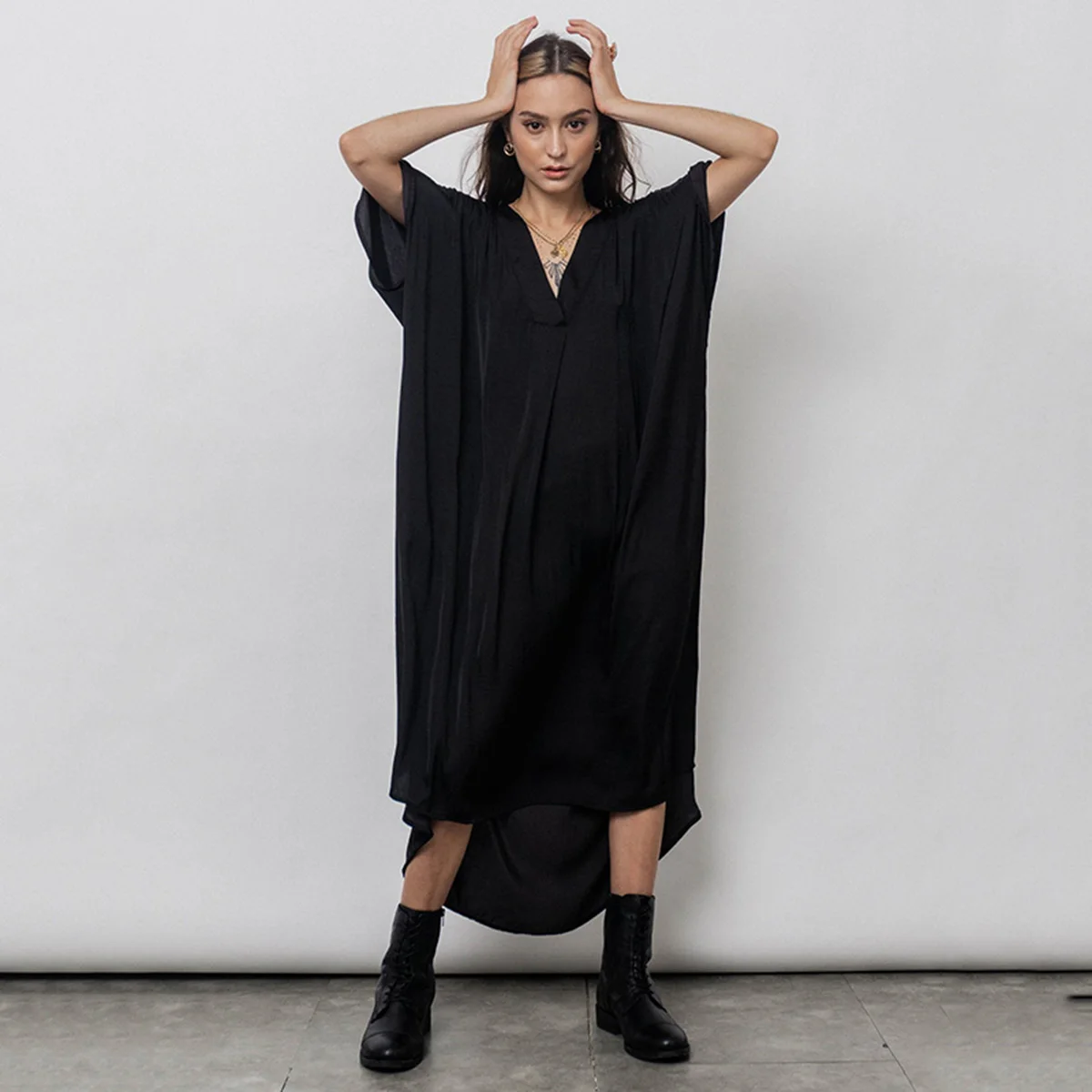 

Oshoplive Stylish Solid Color V-neck High-Low Batwing Sleeves Midi Dress For Women Casual Simple Plus Size Women Dresses
