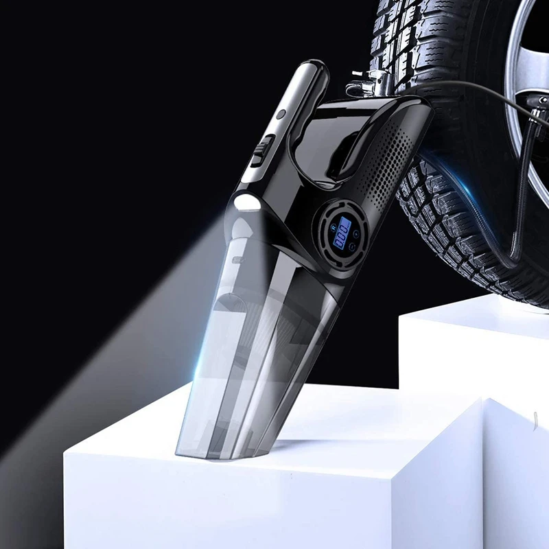

4-In-1 Car Handheld Vacuum Cleaner with Digital Tire Inflator Pump Pressure Gauge LED Light Car Vacuum Cleaner