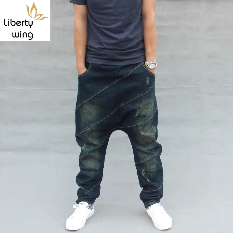 

Korean New Fashion Mens Harem Dark Blue Hip Hop Loose Cotton Male Elastic Waist Baggy Jeans Cross Pants pantalones