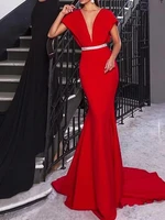 red prom dresses mermaid deep v neck satin cap sleeves backless long prom gown evening dresses robe de soiree