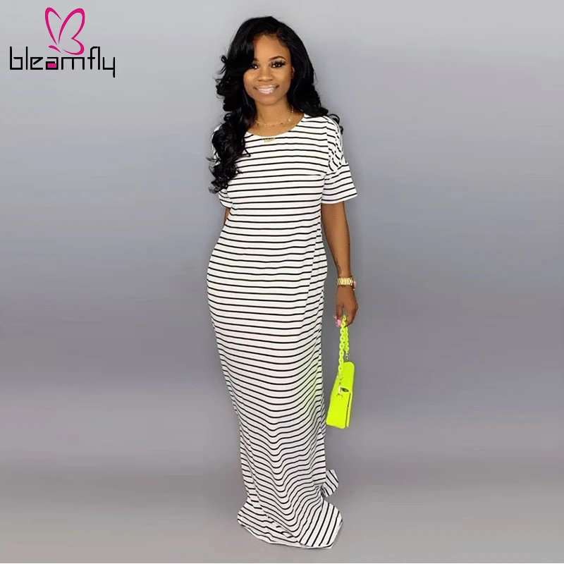 Новинка 2019 женское летнее приталенное платье макси с круглым вырезом в полоску