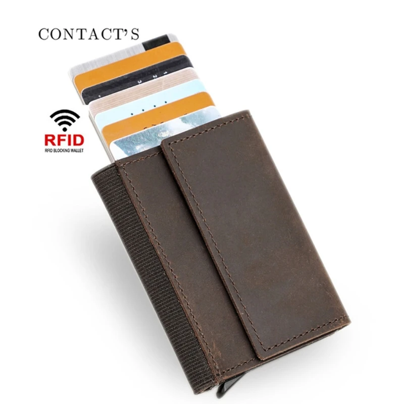 

Винтажный кошелек с ремнем для денег и RFID-защитой, автоматический выдвижной чехол для кредитных карт, мужской бумажник с кармашком для нали...