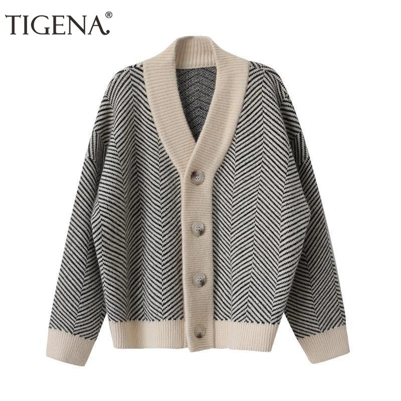 Женский винтажный кардиган на пуговицах TIGENA Свободный в полоску с длинным