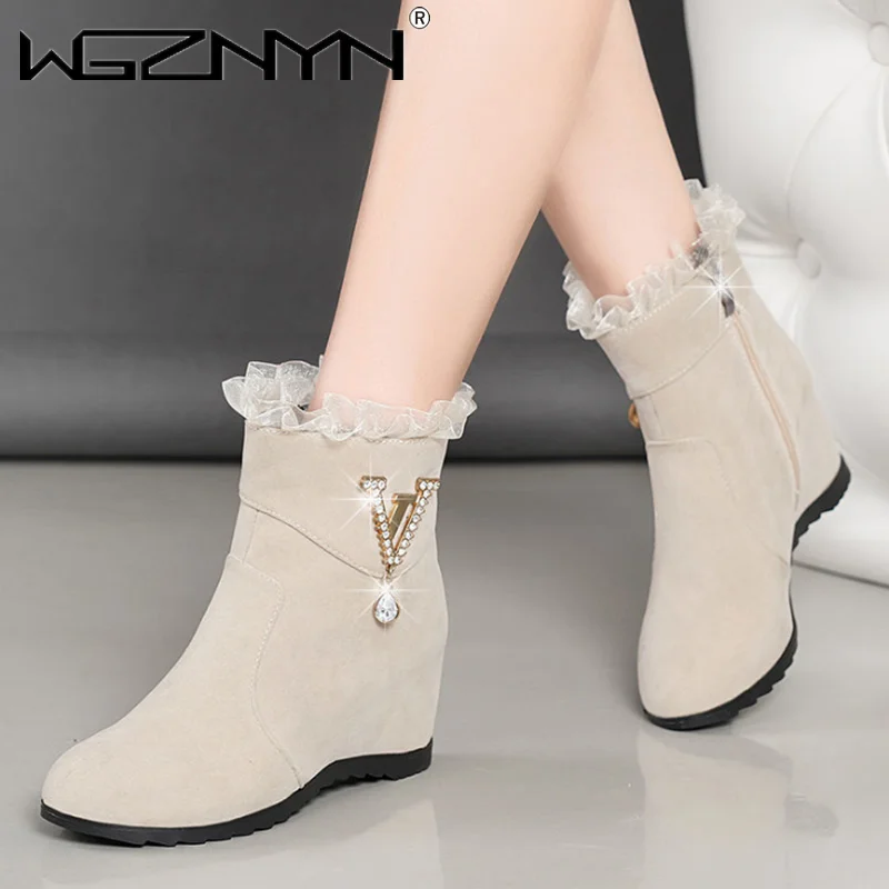 

2021 New Winter Fashion Women Wedges Ankle Boots Increasing Height Shoes Gauze High Heels Booties Metal Rhinestone Botas Mujer