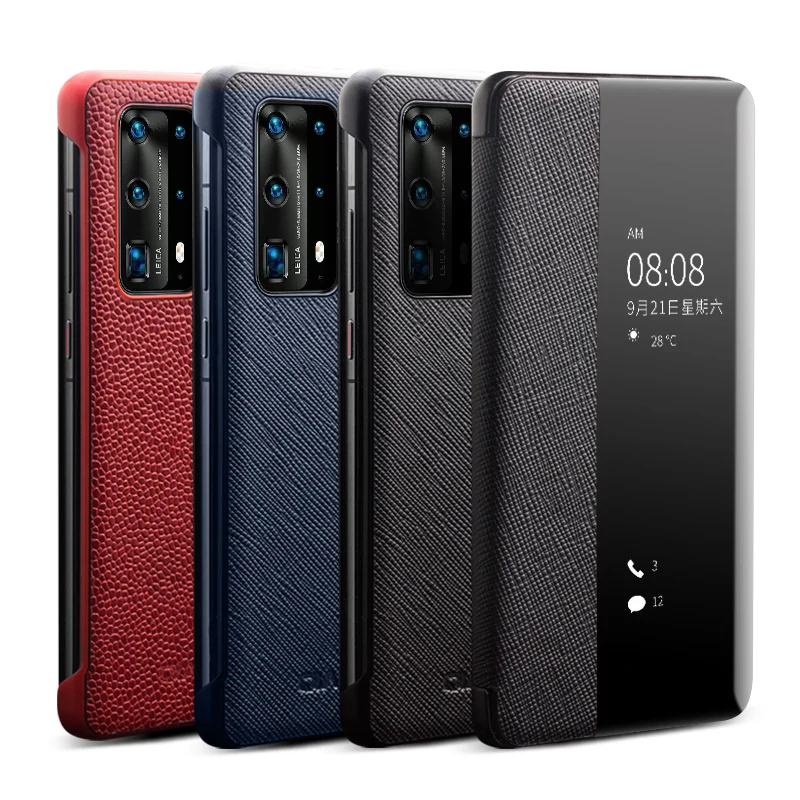 

QIALINO Business Genuine Leather Flip Case for Huawei P40 Pro UNBreak Stylish Ultra Slim Smart View Phone Cover for huawei P40