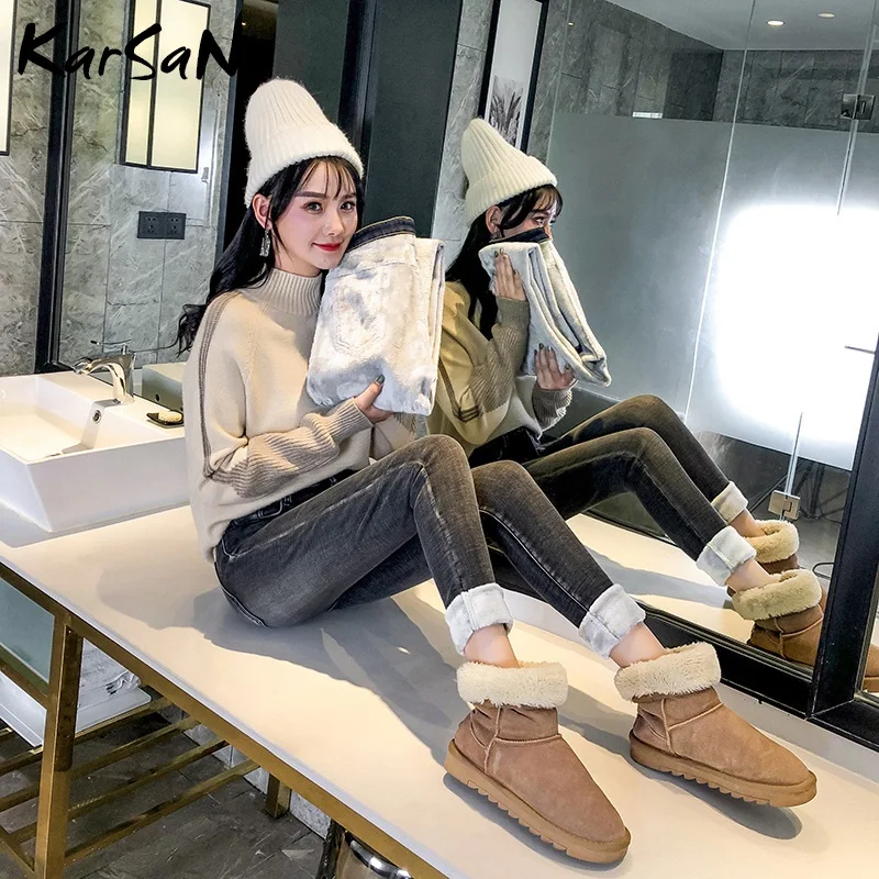 Зимние теплые джинсы женские винтажные осенне-зимние бархатные черные флисовые