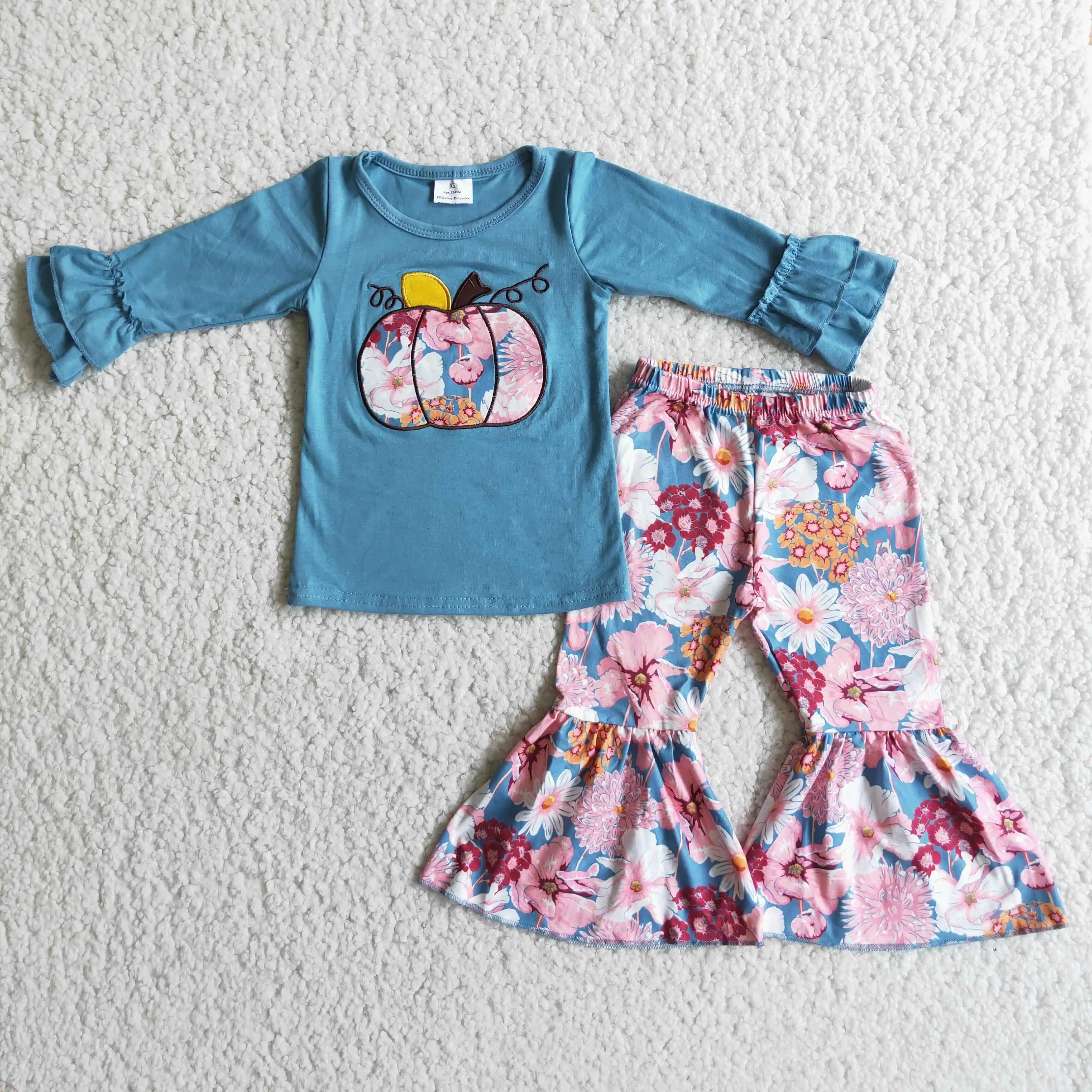 

Pumpkin applique cotton shirt floral pants ready to ship fall kids clothes baby girl autumn clothing