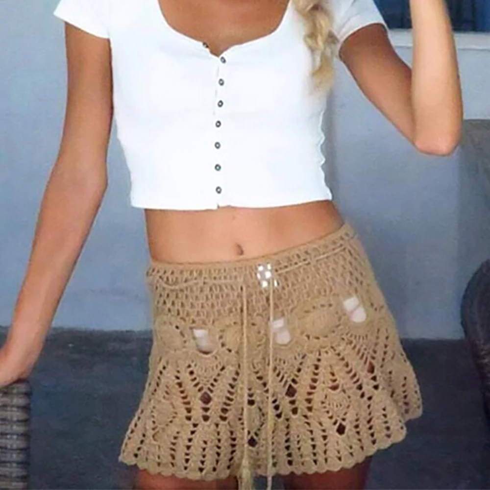 Sfit Сексуальная вязаная крючком пляжная юбка с кисточками хлопковый купальный