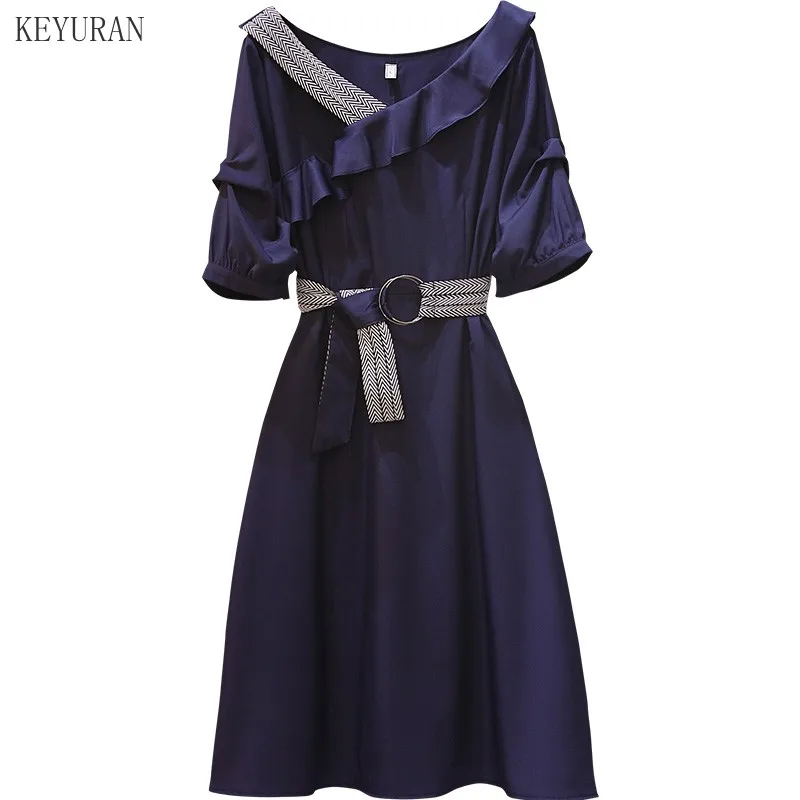 

Plus Size New Fashion Blue Dress Sexy V-Neck Big Swing Tunic Dresses Stylish Ruffles Women Summer Business Work Dress with Belt