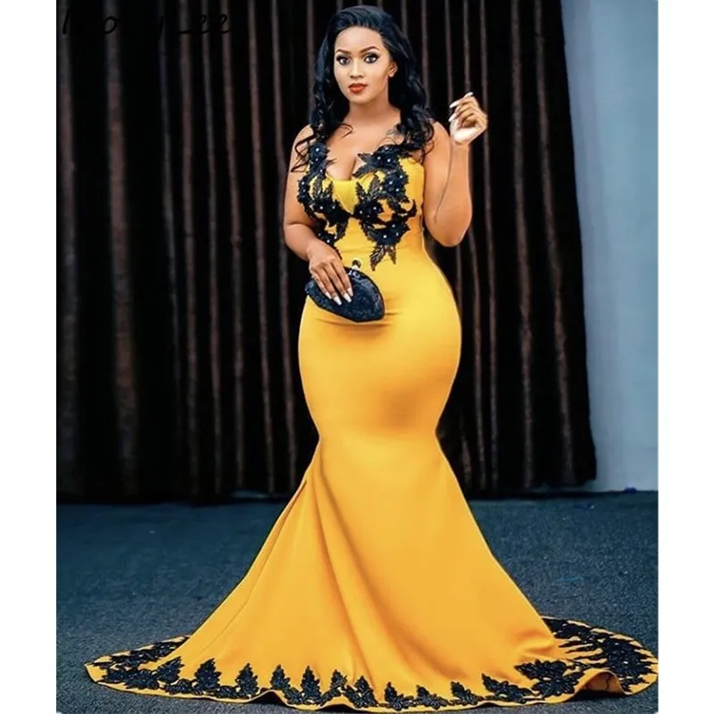 

African Evening Dresses V-Neck Sleeveless Long Mermaid Lace Applique Silk Satin Evening Dresses vestidos de fiesta de noche