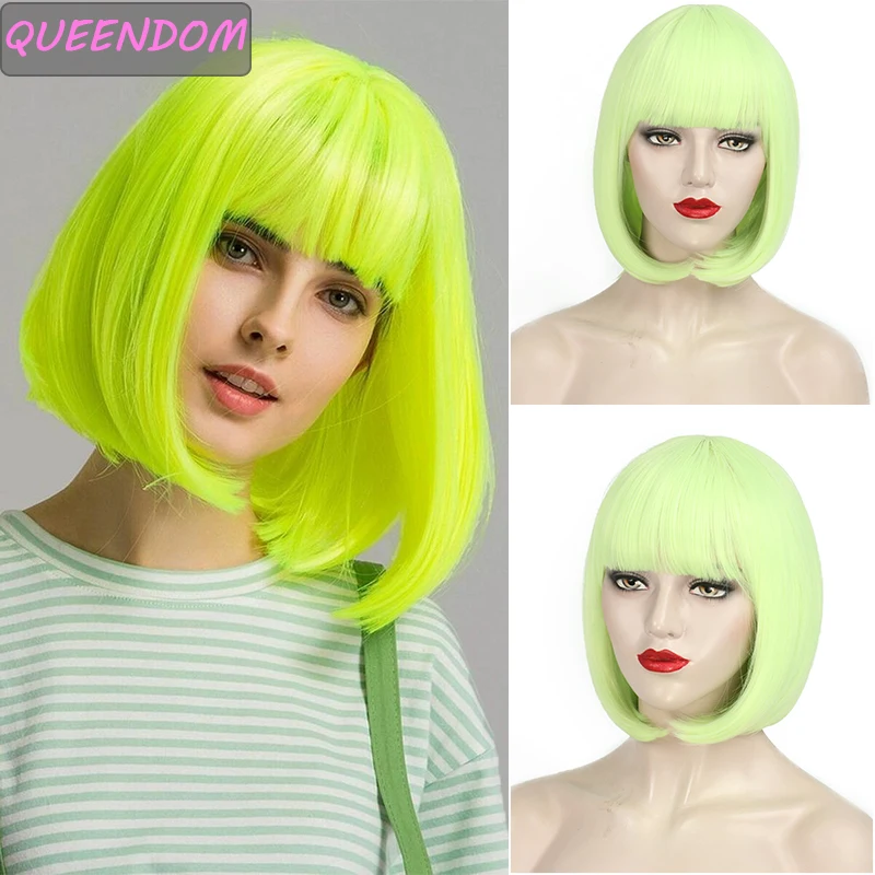 

Purple Short Synthetic Bob Wig 12'' Straight Green Pink Wigs with Bangs Natural Heat Resistant Lolita Cosplay Bob Wig for Women