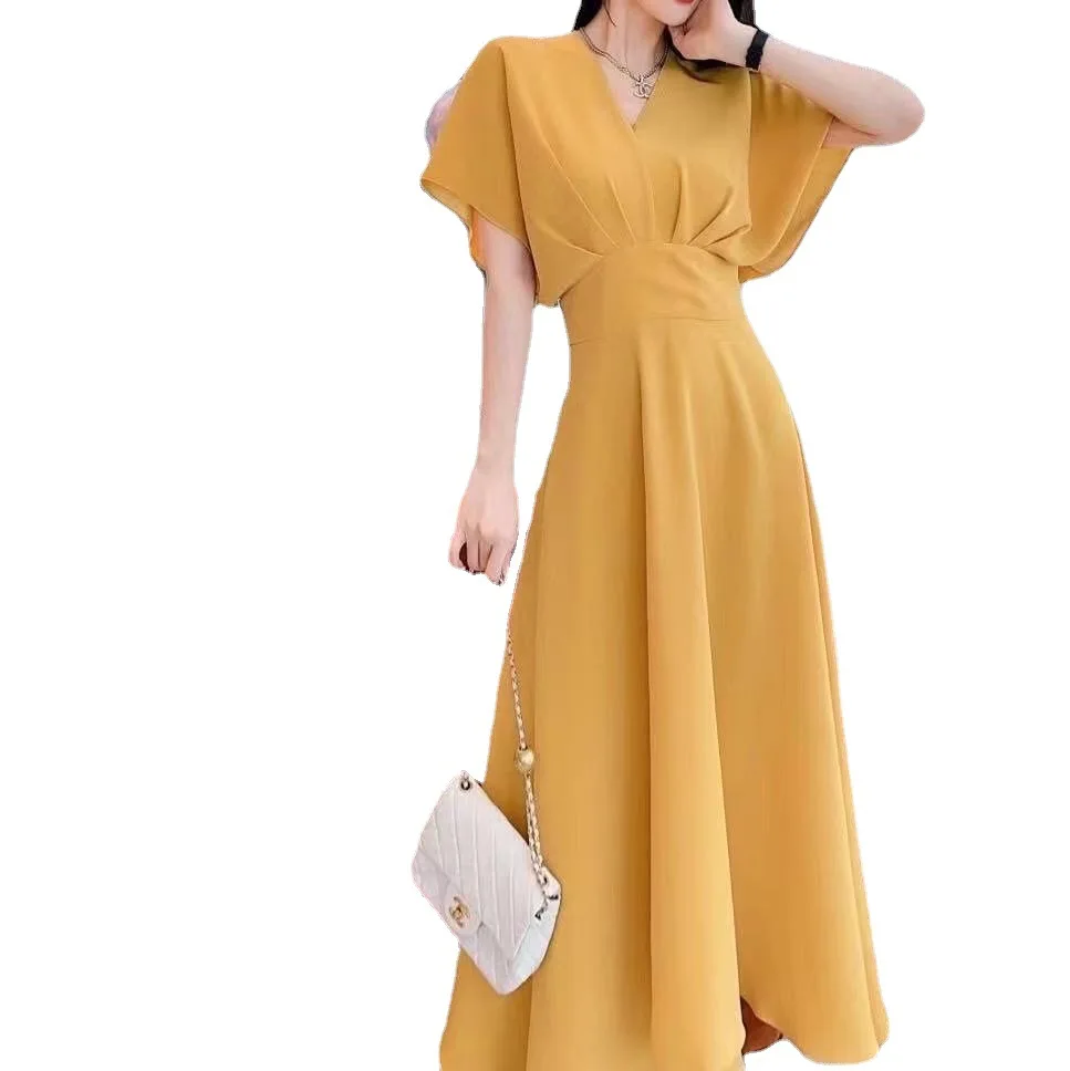 

SuperAen 2021 Summer New Women's Solid Color Short-sleeved Long Dress V Neck Butterfly Sleeve A-LINE Maxi Dress