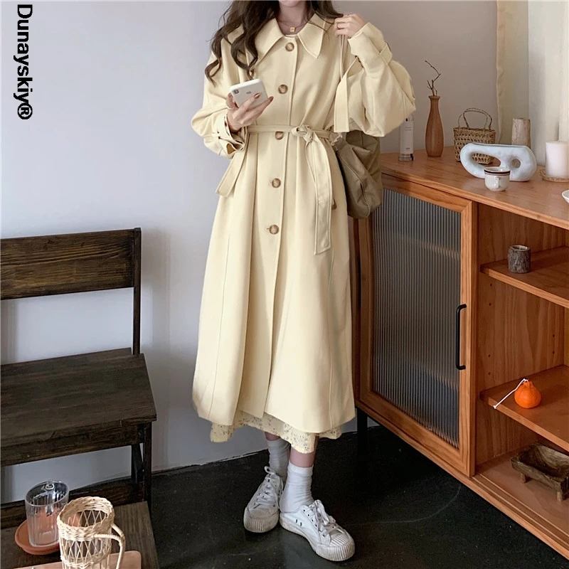 

Women Casual Long Trench Coat With Sashes Double Breasted Women's Windbreaker 2021 Chic Office Coat Ladies Outerwear