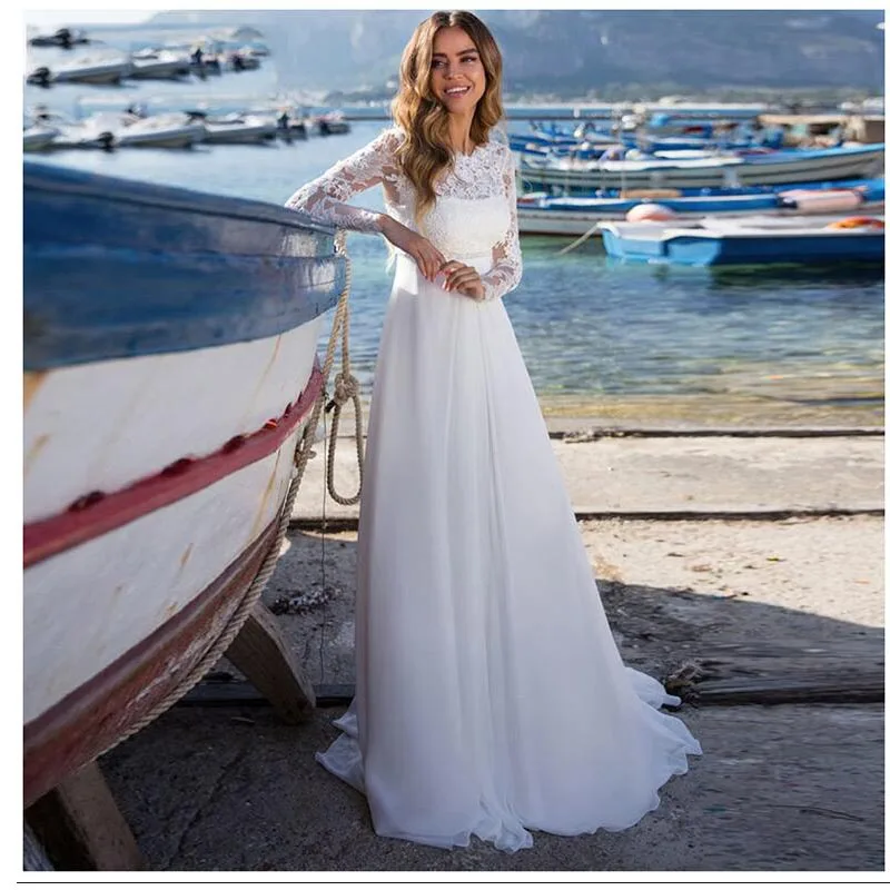 

Wedding Dress Lace Boho Long Sleeves White Beach Wedding Dress Appliques Lace O Neck Princess Bride Dress 2020