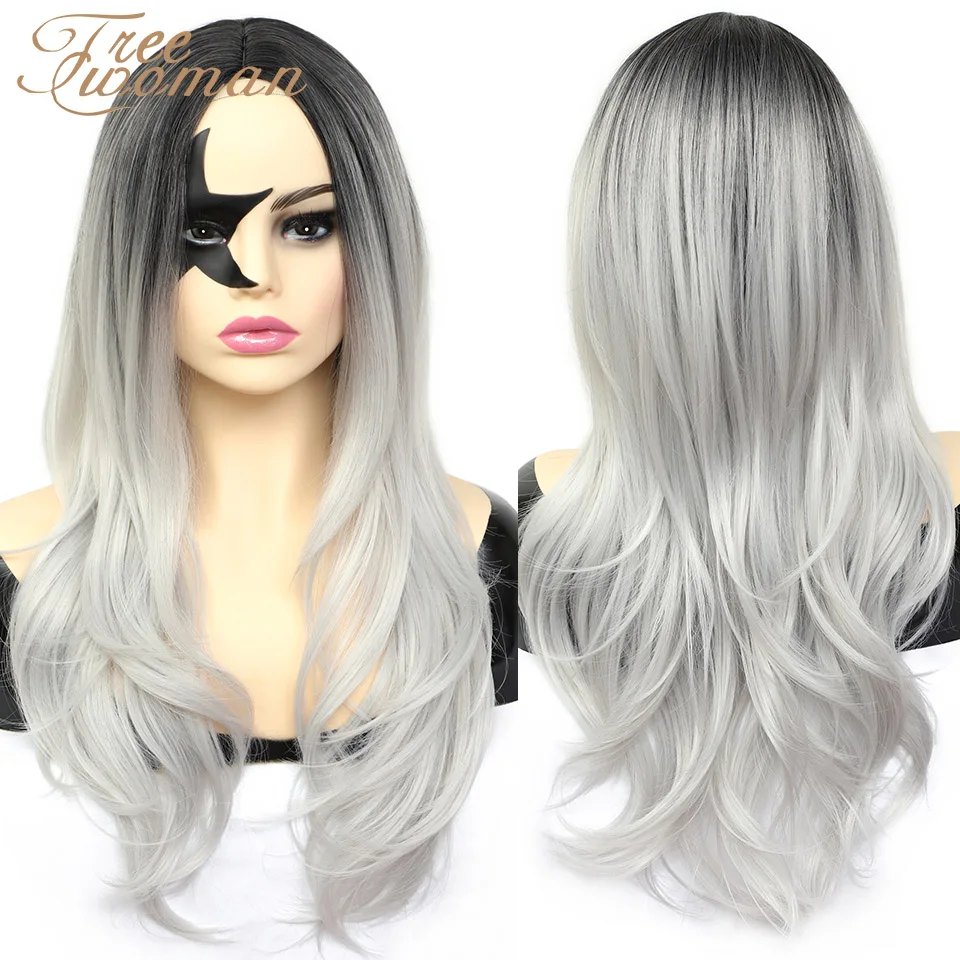 Волнистые Серебряные парики FREEWOMAN 16 дюймов синтетические для женщин длинные