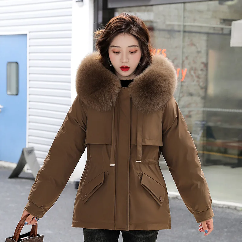 Autumn Winter Women Warm Hooded Parkas Windproof Thick Furry Collar Zipper Cotton Coats Solid Colors Plush Comfort Down Jacket