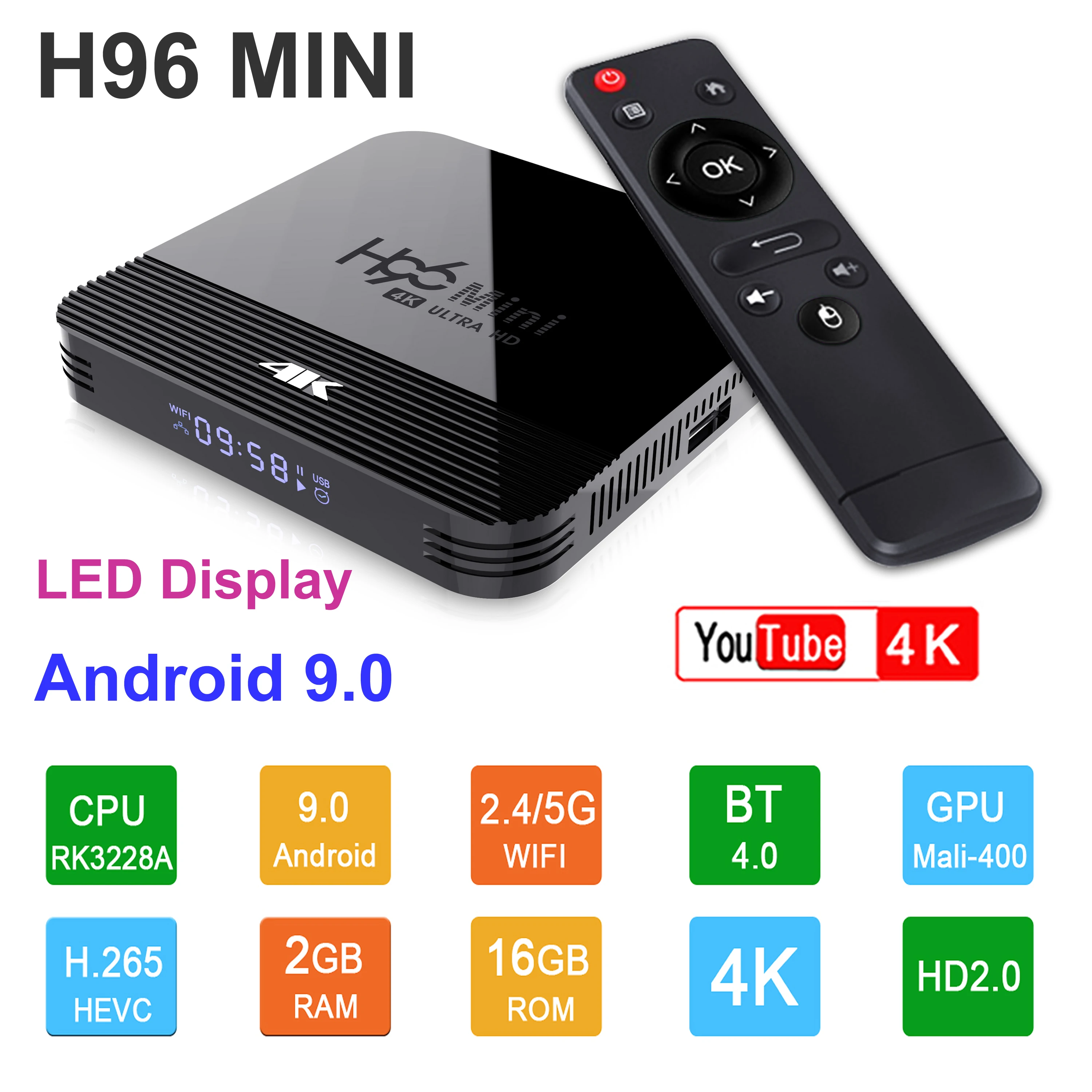 

H96 MINI H8 Smart TV Box Android 9.0 Rockchip RK3229A 2GB RAM 16GB ROM 2.4G/5G Dual WIFI BT4.0 4K HDR H.265 Set Top Box