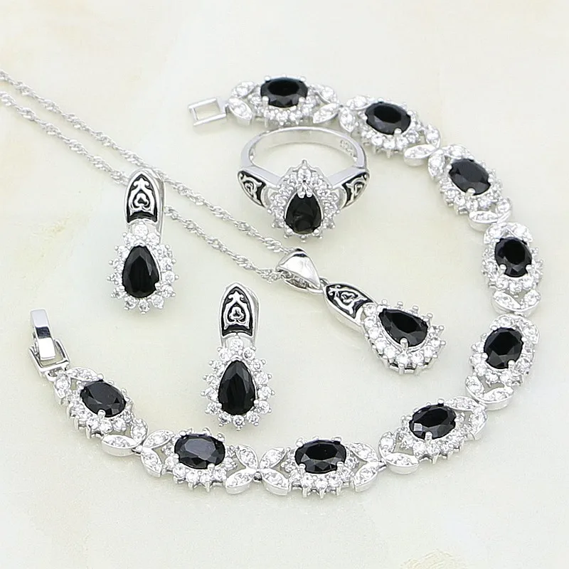 

Женские Ювелирные наборы, вечерние Ги-гвоздики/кулон/ожерелье/браслет/кольцо, Стерлинговое Серебро 925 пробы, черная краска, стразы, Белый CZ