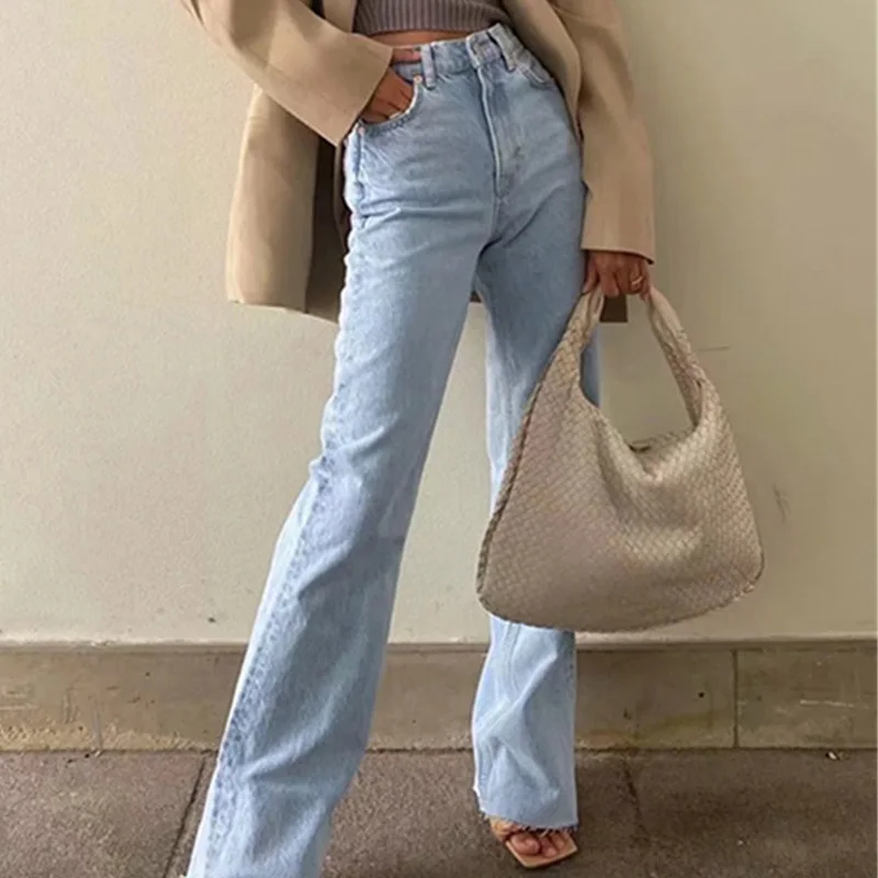 

Zoki Light Blue Women Denim Jeans Casual Straight Leg Bottom Harajuku Boyfriend High Waist Baggy Jeans Pants Fashion New
