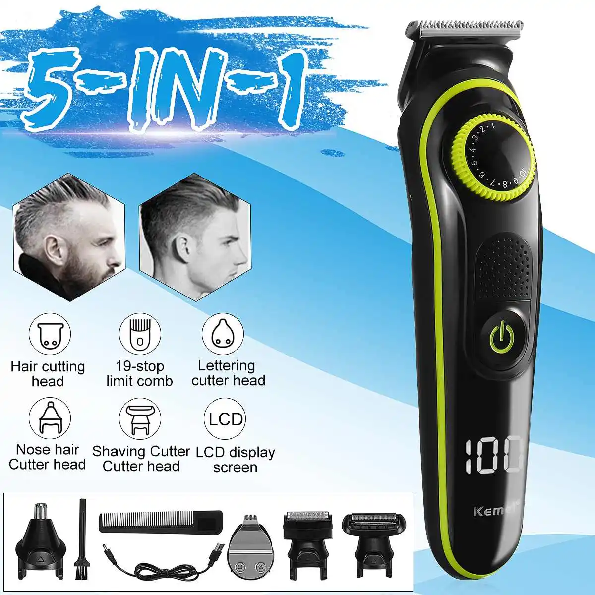 

KM-696 Hair Trimmer Household Electric Hair Clippers Multifunctional USB Rechargeable Shaver LED Display 5 in 1 Cutter Heads