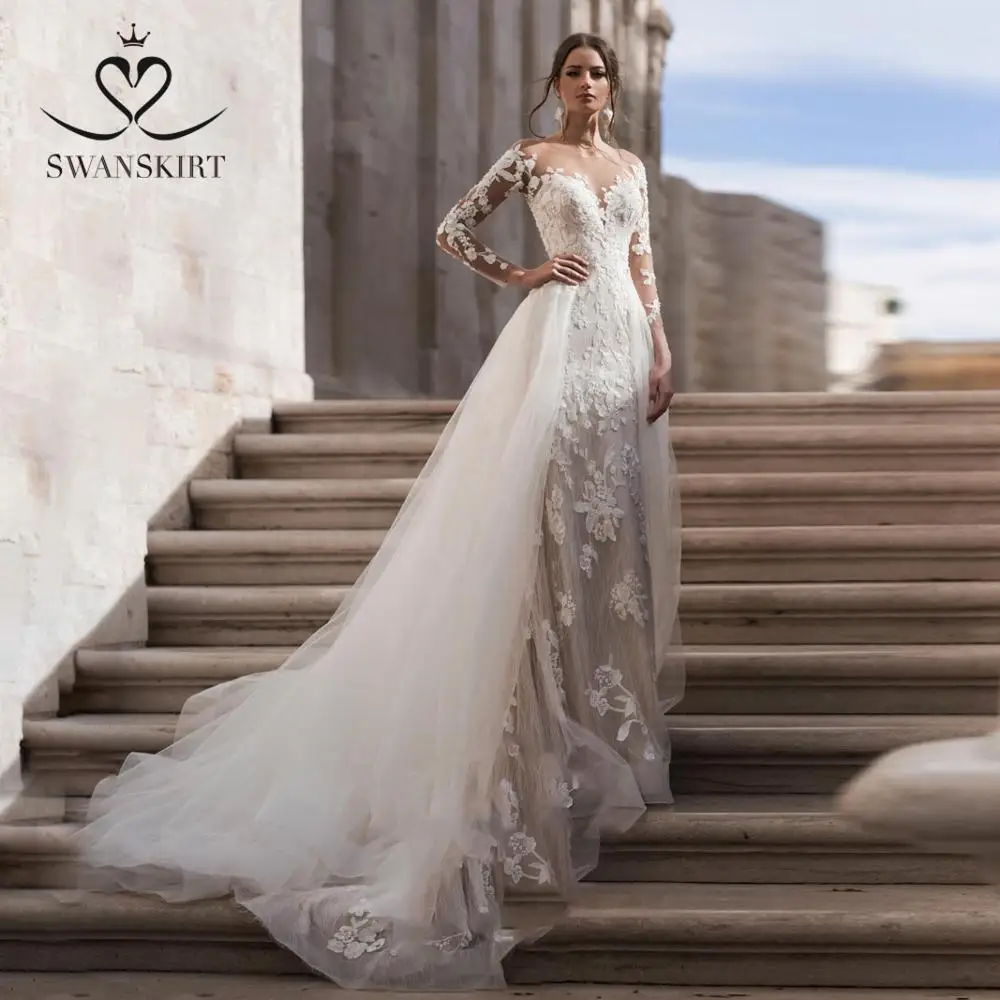 Одежда с длинными рукавами платье расширенным съемным подолом свадебное SwanSarah N151