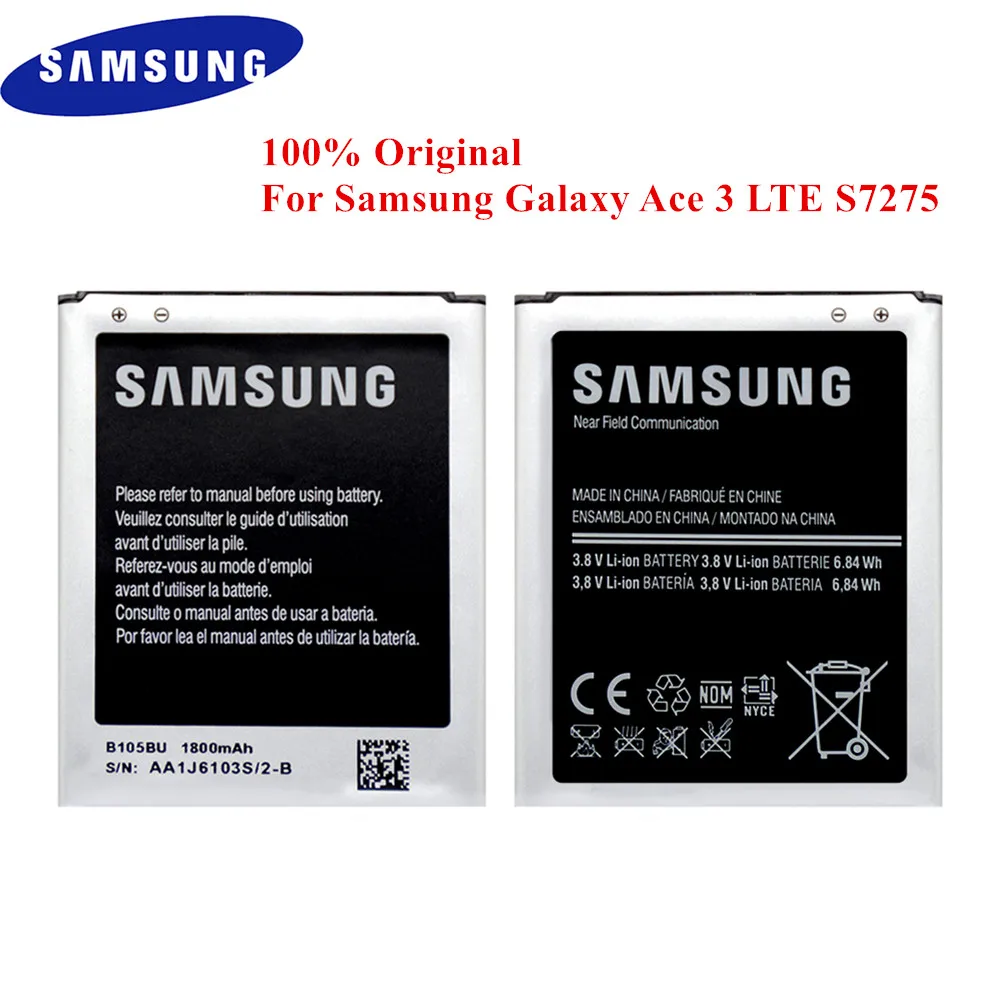 100% Оригинальный аккумулятор B105BE для Samsung Galaxy Ace 3 LTE GT S7275 S7275B S7275T S7275R Light T399 1800 мАч