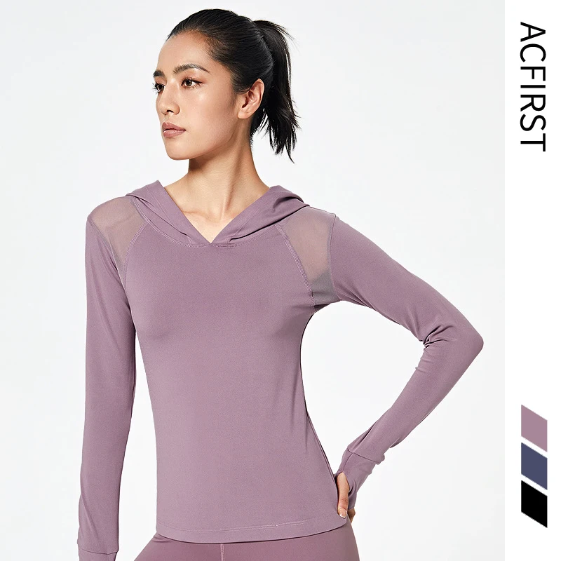 

AcFirst, Синяя Женская рубашка с длинным рукавом для бега, сексуальные футболки с капюшоном для йоги, однотонные спортивные рубашки, быстросохн...