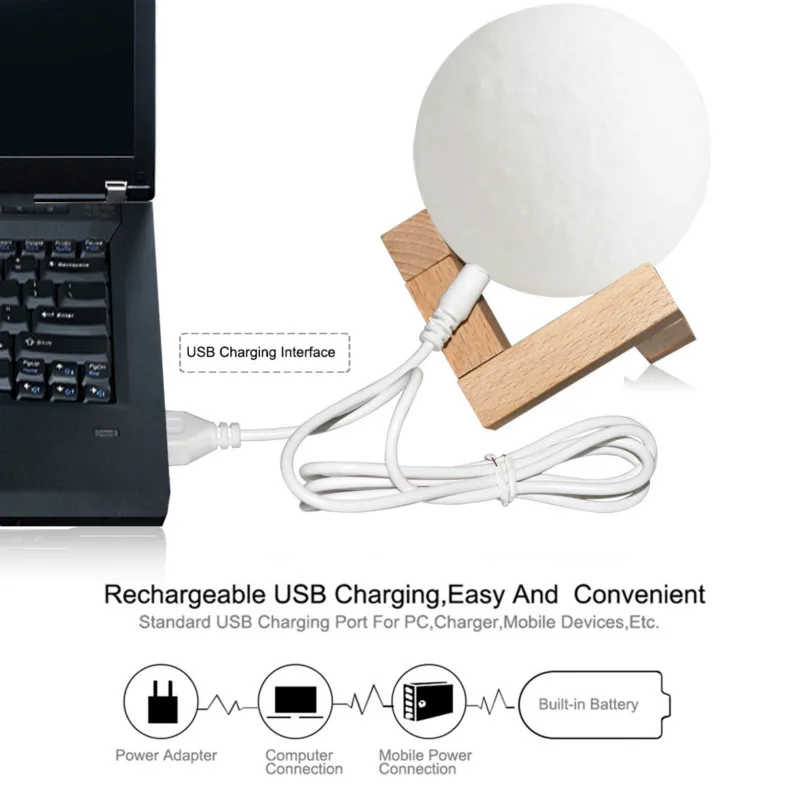

3D Printed Moon Lamp 7 Colors Touch Control USB Rechargerable LED Night Light with Wooden Stand for Home Decor Kid Bedroom