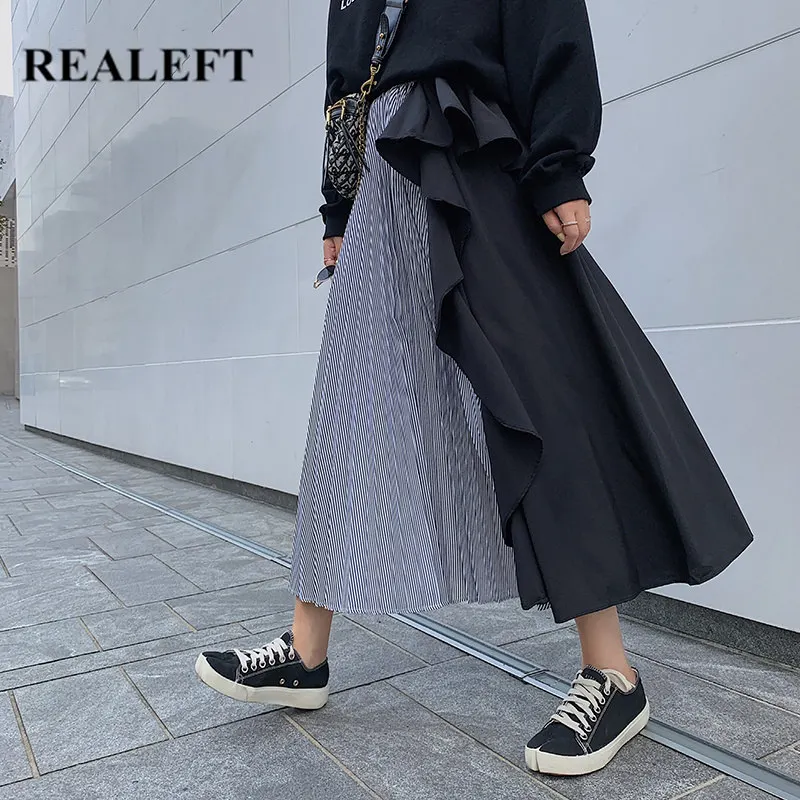 REALEFT Осенняя Женская Асимметричная плиссированная длинная юбка с оборками в