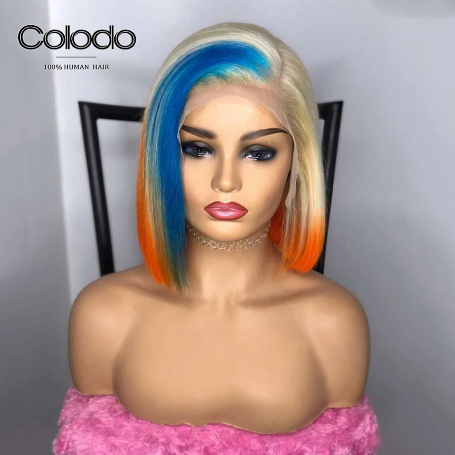 COLODO бразильский Remy Ombre Синий кружевной передний парик Платиновые светлые
