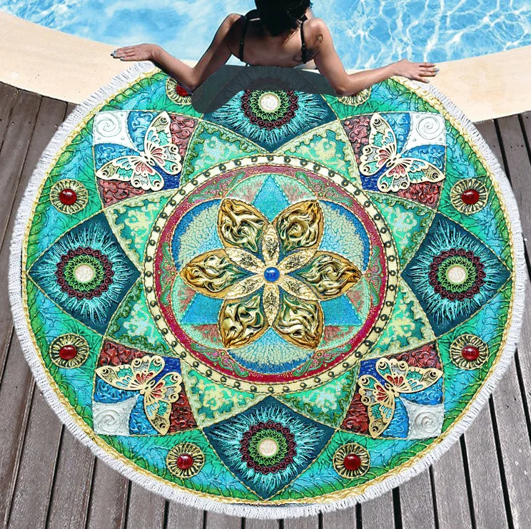

Indian Mandala Microfiber Beach Towel No Sand Free Quick Dry Beach Towel with Tassel Summer Travel Round Beach Towel