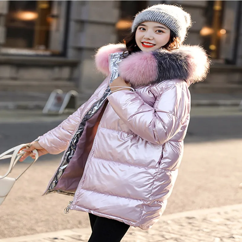Женский пуховик с большим воротником теплая парка капюшоном и из натурального