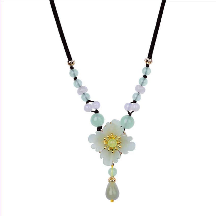 

Light Yellow Gold Color Flower Green Aventurine and Colored Glaze Pendant Handmade Weave Chain Necklace Ethnic Style Jewelry