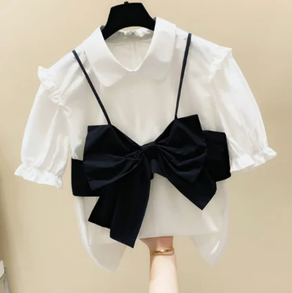 Женская рубашка контрастного цвета с бантом и оборками летние блузки топы в