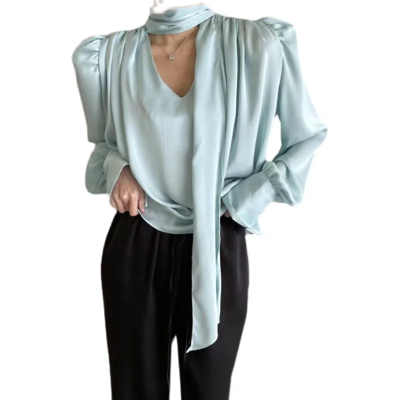 

SuperAen 2021 New Spring Summer Solid V Neck Puff Sleeve Office Lady Women Shirts