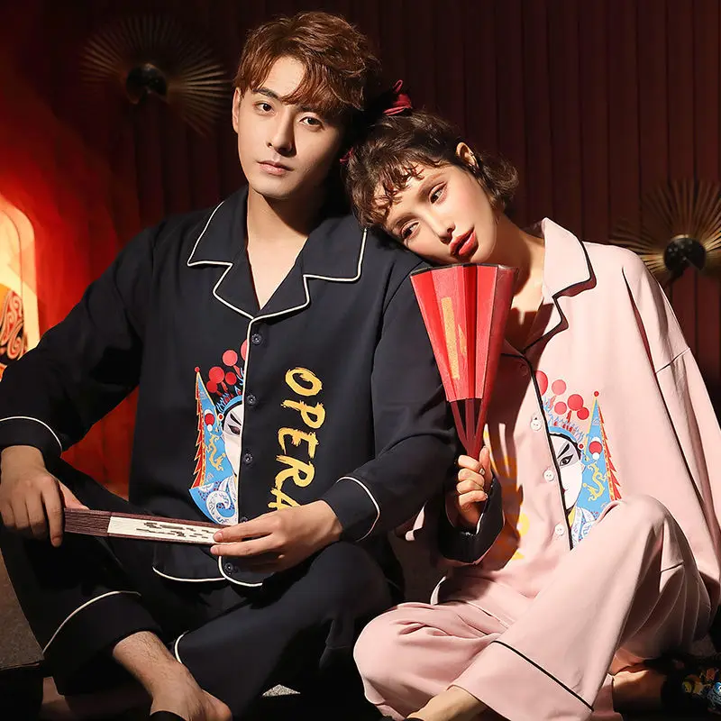 

Couple pajamas women spring and autumn winter long sleeve cotton suit cardigan Lapel loose Chinese style