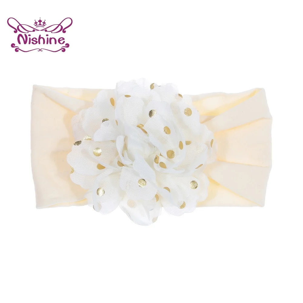 Мягкая эластичная повязка на голову Nishine шифоновая в Золотой горошек с цветами