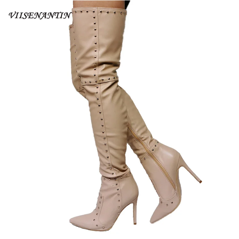 

Autumn and Winter New Apricot PU High Heel Over The Knee Boots Pointed Toe Zipper Rivet Personality Fashionable Long Boots