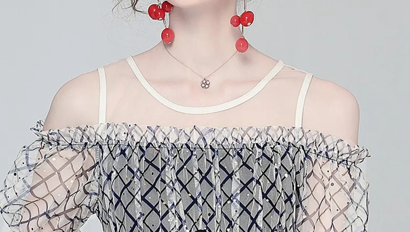 

2021summer fashion temperament women Mesh stitching off-the-shoulder short-sleeved dress