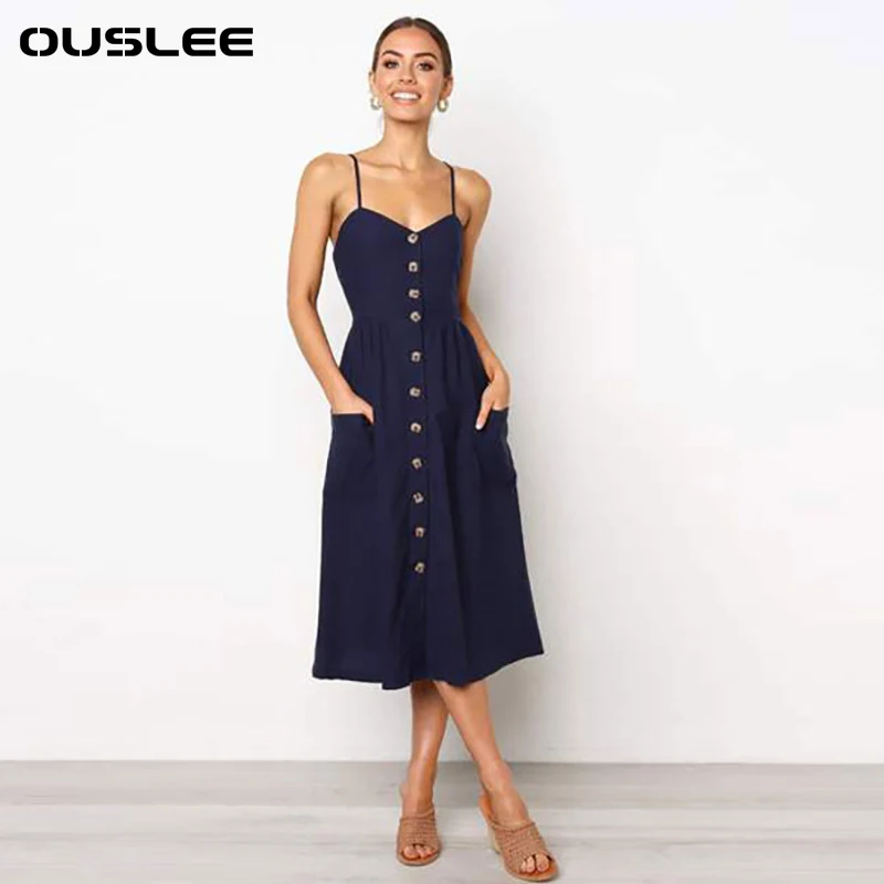 Платье OUSLEE на бретелях-спагетти женские повседневные полосатые миди-платья