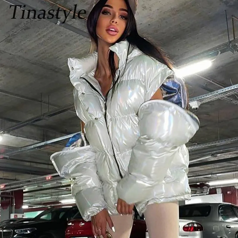 

Tinastyle зимние повседневные свободные парки, женские модные однотонные плотные короткие пальто, женские элегантные хлопковые куртки на молни...