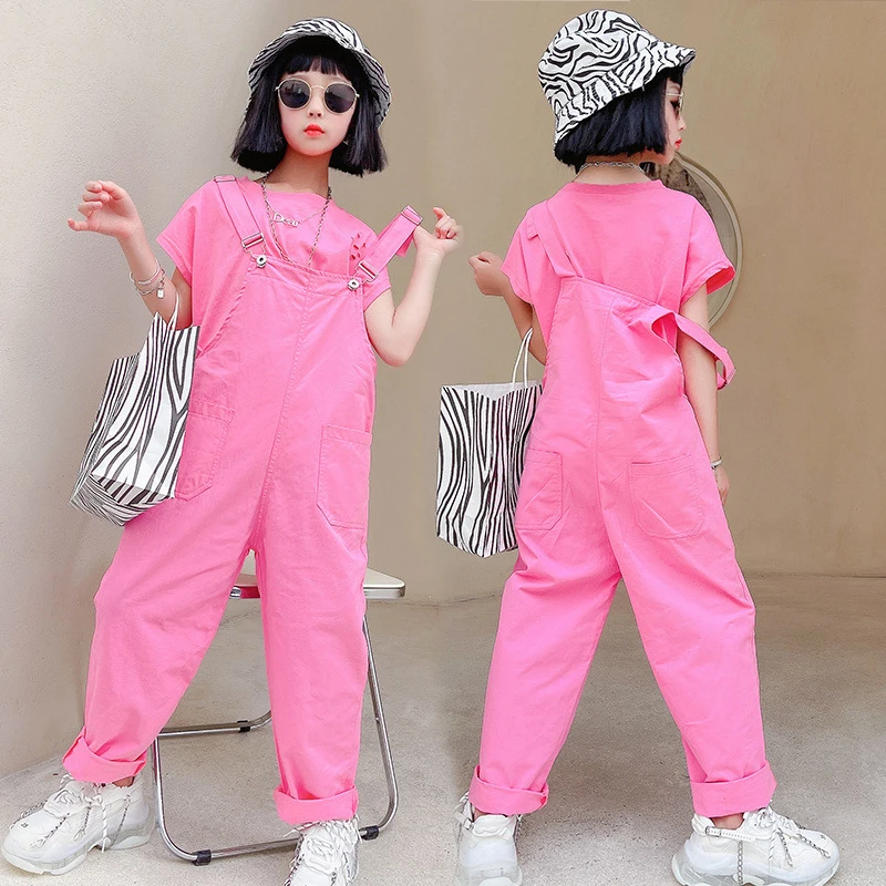

Girls Clothing Set 2021 Summer Kids Tracksuit Loose Pink T Shirt Overalls for Children Clothes Teenage Jumpsuit Girl Outfit 10 Y