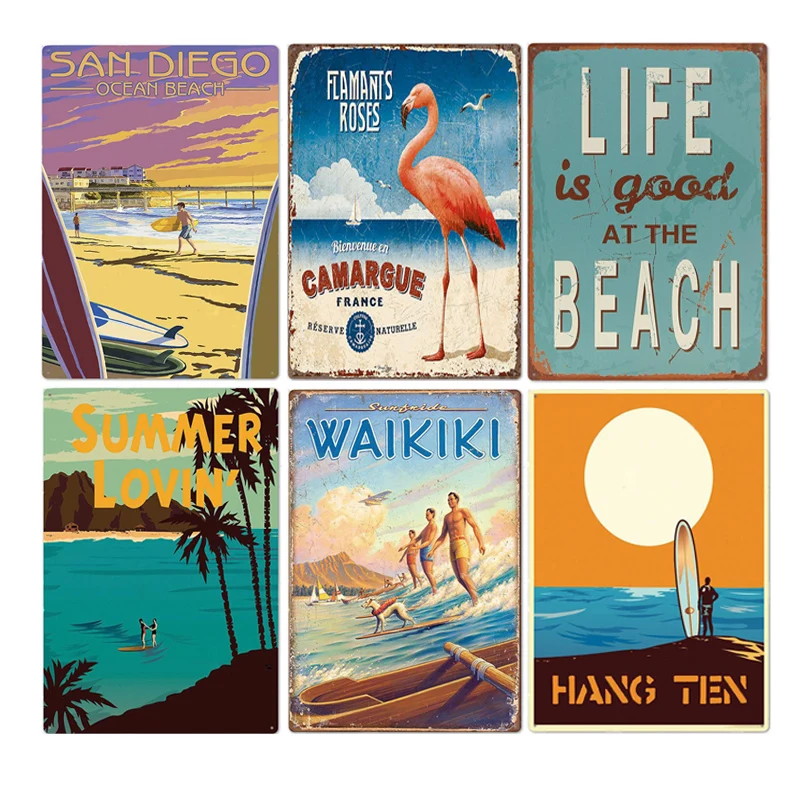 

Seascape Plaque Sea Beach Vintage Metal Plate Flamingo San Diego Ocean Beach Waikiki Metal Sign Sumer Tin Poster for Home Bar