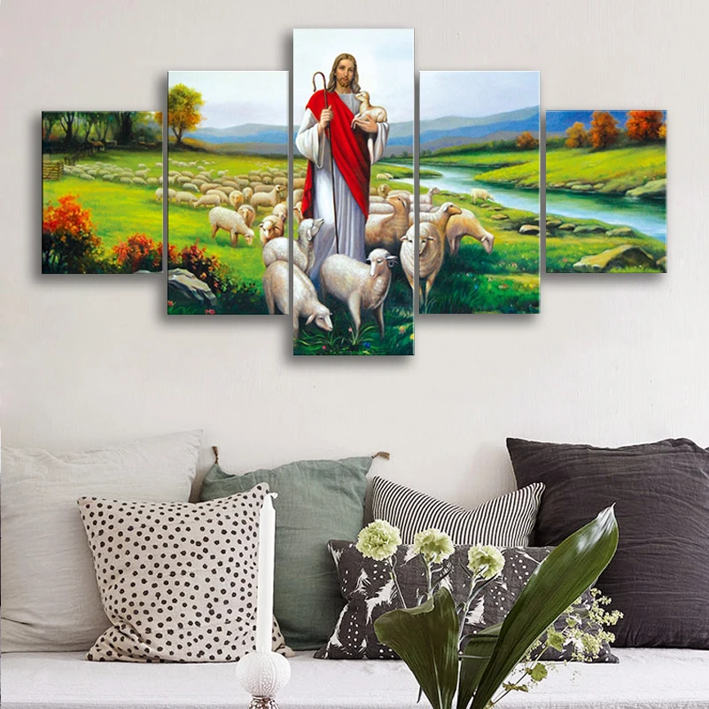 

5 Pieces of Jesus and the Flock on Canvas Printed Art Modern Wall Art HD Poster Living Room Corridor Home Decoration Frameless
